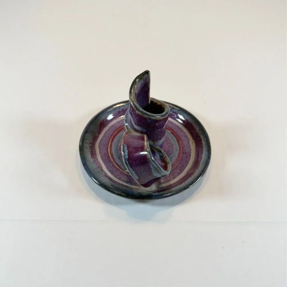Vintage Bay Pottery Ceramic Chamberstick Candle Holder Purple Blue Drip Glaze